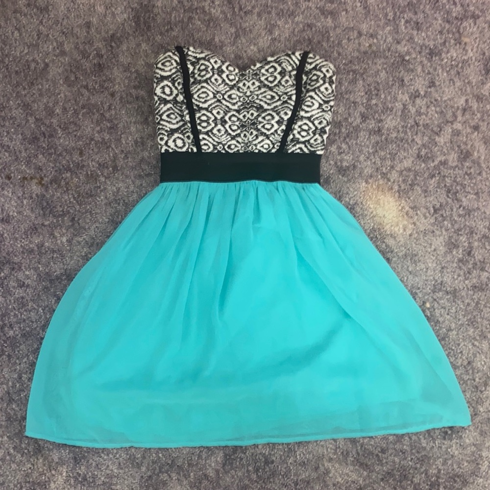 short teal blue strapless dress